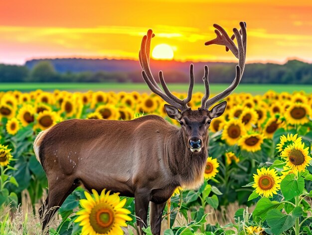 Deer standing in young sunflower shoots