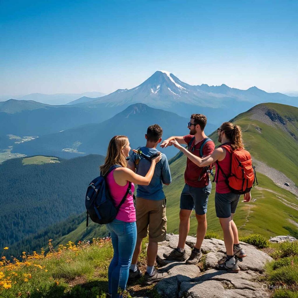 Group of friends enjoying outdoor travel activities like hiking and sightseeing in a scenic mountain landscape