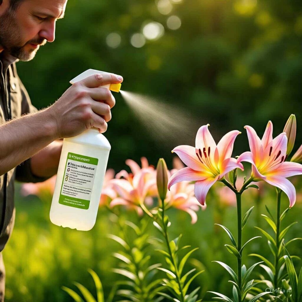 lily deer resistant – spraying deer repellent on lilies to prevent browsing