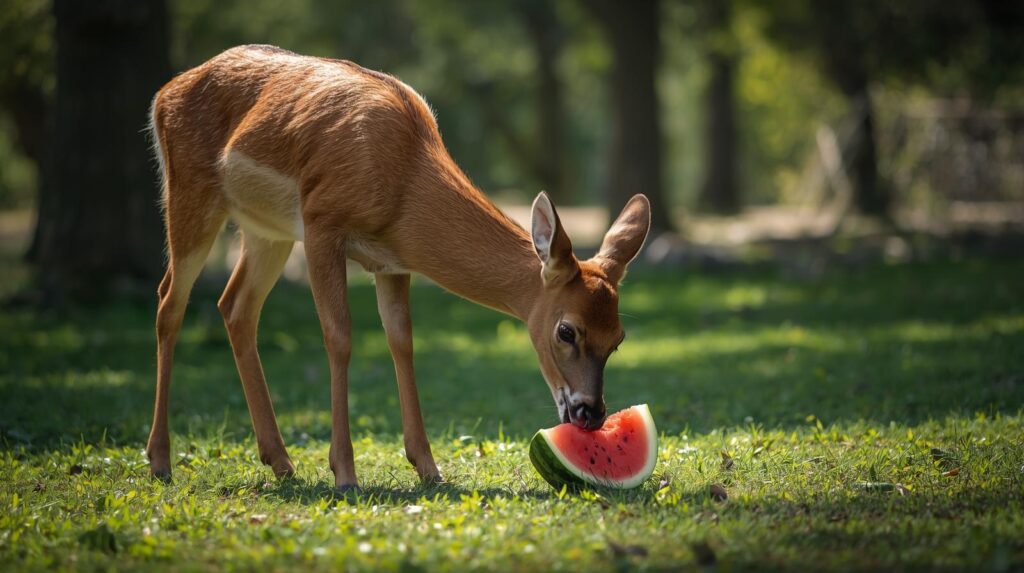 Deer eating watermelon