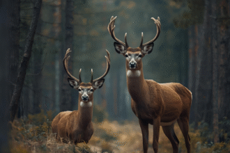Two forest dwelling deer standing side by side