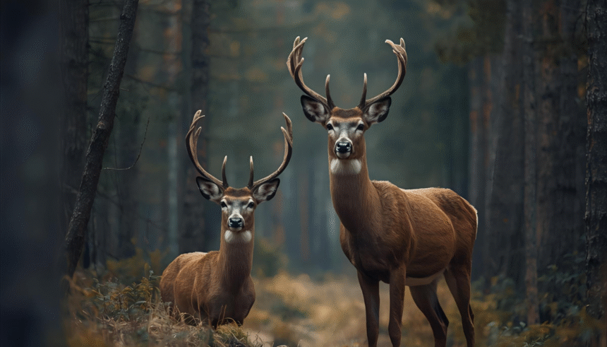 Two forest dwelling deer standing side by side
